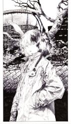 Rule 34 | 1girl, animal ears, braid, building, cigarette, coat, commentary request, expressionless, greyscale, hands in pockets, highres, monochrome, multicolored hair, open clothes, open coat, original, outdoors, rabbit ears, scarf, side braid, single braid, solo, traditional media, tree, two-tone hair, uchida akira (taaiseee1121), upper body