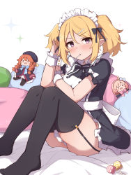 Rule 34 | 1girl, absurdres, ass, blonde hair, blush, candy, chieru (princess connect!), chloe (princess connect!), doll, elf, feet, fizz (pixiv34498626), food, hair ornament, hairclip, highres, lollipop, looking at viewer, maid, maid headdress, pillow, pointy ears, princess connect!, solo, thighhighs, thighs, twintails, white background, wrist cuffs, yuni (princess connect!)