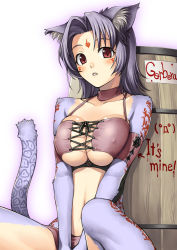 Rule 34 | 1girl, against wall, animal ears, armband, arrow (symbol), bandeau, bare shoulders, barrel, blush, body fur, breasts, breasts squeezed together, cat ears, cat tail, choker, cleavage, covered erect nipples, crop top, english text, eucharis, facial mark, forehead mark, front-tie top, large breasts, looking at viewer, midriff, murasaki no ashi eucharis, navel, outline, parted bangs, parted lips, purple hair, red eyes, ribbon, short hair, sitting, solo, spread legs, tail, tanaka shoutarou, tattoo, underboob, v arms, yuukyuu no sharin