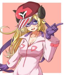 Rule 34 | 1girl, animal ears, blonde hair, blue eyes, breasts, cleavage, collarbone, collared shirt, commentary, cosplay, cowboy shot, floating hair, gloves, hair ribbon, haruka kuromiya, hat, highres, hololive, horns, index finger raised, kaminari ai, kaminari ai (cosplay), large breasts, long hair, long sleeves, looking at viewer, making-of available, mask, open mouth, pink background, pink shirt, purple gloves, purple ribbon, red hat, ribbon, sheep ears, sheep horns, shirt, simple background, smile, solo, tsunomaki watame, virtual youtuber, wide sleeves, yatterman