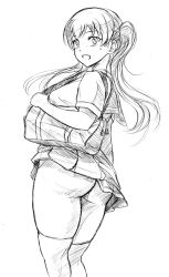 Rule 34 | 1girl, ass, bag, blush, female focus, from behind, long hair, looking at viewer, monochrome, no panties, open mouth, original, school bag, school uniform, shiina nami, simple background, sketch, solo, thighhighs, thighs, twintails, underwear