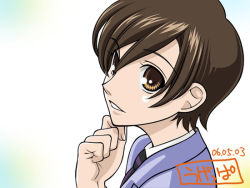 Rule 34 | 00s, 1girl, artist name, brown eyes, brown hair, dated, fujioka haruhi, hand on own chin, looking to the side, looking up, ouran high school host club, parted lips, reverse trap, school uniform, short hair, solo, ugeppa