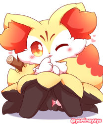 Rule 34 | 1girl, :3, animal ear fluff, animal ears, artist name, black fur, blush, body fur, braixen, chibi, closed mouth, creatures (company), female focus, fox ears, fox girl, fox tail, full body, furry, furry female, game freak, gen 6 pokemon, hand up, happy, head tilt, heart, highres, knees up, looking at viewer, nakimayo, nintendo, one eye closed, pokemon, pokemon (creature), presenting, pussy, red eyes, simple background, sitting, smile, solo, spread pussy, stick, tail, tongue, tongue out, twitter username, uncensored, white background, white fur, wink, yellow fur
