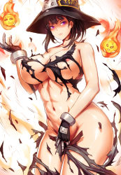 Rule 34 | 1girl, akihoyy, bare arms, bare shoulders, between legs, black dress, black gloves, black hair, black hat, breasts, brown hair, closed mouth, collarbone, commentary request, covered erect nipples, covering crotch, covering privates, cowboy shot, dress, en&#039;en no shouboutai, fire, gloves, groin, hand between legs, hand up, hat, highres, huge breasts, looking at viewer, maki oze, navel, ponytail, purple eyes, pyrokinesis, short hair, solo, stomach, thighs, torn clothes, torn dress, v-shaped eyebrows
