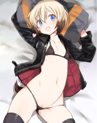 Rule 34 | 1girl, animal ears, bed, bed sheet, black bra, black jacket, black panties, black thighhighs, blonde hair, blue eyes, blush, bra, breasts, brown hair, cameltoe, cleft of venus, collared jacket, covered erect nipples, dog ears, dog girl, dog tail, erica hartmann, from above, gradient hair, groin, hair between eyes, hugging object, jacket, leather, leather jacket, looking at viewer, lowleg, lowleg panties, lying, micro panties, military, military uniform, multicolored hair, navel, no pants, on back, on bed, open clothes, open jacket, open mouth, panties, partially visible vulva, pillow, pillow hug, pussy, pussy peek, shimada fumikane, short hair, skindentation, small breasts, solo, strike witches, string panties, tail, thighhighs, two-tone hair, underwear, uniform, world witches series