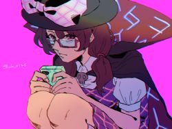 Rule 34 | 1girl, black cloak, black hat, bow, brown eyes, brown hair, cloak, closed mouth, collared shirt, dress, fingernails, glasses, grey shirt, hair between eyes, hair ornament, hands up, hat, hat bow, looking at viewer, one-hour drawing challenge, phone, pink background, plaid, plaid dress, puffy short sleeves, puffy sleeves, purple dress, purple socks, raya (uk 0128), shirt, short hair, short sleeves, short twintails, simple background, sitting, skull, socks, solo, touhou, twintails, twitter username, usami sumireko, white bow