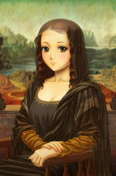 Rule 34 | 1girl, animification, breasts, brown hair, chair, cleavage, closed mouth, collarbone, curly hair, dress, fine art parody, grey dress, highres, long dress, long hair, long sleeves, looking at viewer, mankappa, medium breasts, mona lisa, parody, parted hair, sitting, smile, solo, upper body, yellow eyes