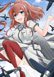 Rule 34 | 1girl, aircraft, airplane, anchor, blue eyes, blue sky, breast pocket, breasts, brown hair, cloud, commentary request, dated, day, dress, flight deck, grey dress, hair between eyes, hair ornament, highres, kantai collection, large breasts, lens flare, matsuura@parao, neckerchief, open mouth, panties, pocket, ponytail, red thighhighs, revision, round teeth, saratoga (kancolle), saratoga mk ii (kancolle), side ponytail, sidelocks, sky, smile, smokestack, solo, sun, teeth, thighhighs, twitter username, underskirt, underwear, upper teeth only, white panties