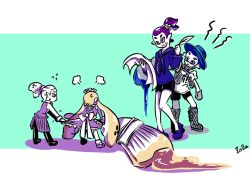 Rule 34 | 1girl, 3boys, :p, angry, apron, artist name, beauty (zoza), blue eyes, blue hair, boots, brown eyes, butler, cookie (zoza), donut (zoza), dress, dress grab, flower, flying sweatdrops, fume, girly boy, hat, hat flower, inkbrush (splatoon), inkling, inkling boy, inkling girl, inkling player character, layered clothes, layered sleeves, lollipop (zoza), long hair, long sleeves, maid, maid headdress, multiple boys, neckerchief, nintendo, octobrush (splatoon), pants, pointy ears, purple hair, quill, sailor collar, scrunchie, shirt, shoes, short hair, short over long sleeves, short sleeves, signature, single vertical stripe, splatoon (series), splatoon 1, standing, sweatdrop, t-shirt, tentacle hair, tongue, tongue out, zoza