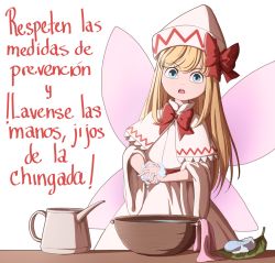 Rule 34 | 1girl, blonde hair, blue eyes, bow, bowl, capelet, commentary, coronavirus pandemic, cowboy shot, dress, fairy, fairy wings, hair bow, handle, hat, highres, kettle, leaf, lily white, long hair, looking at viewer, mefomefo, open mouth, sash, simple background, soap, solo, spanish commentary, spanish text, touhou, towel, translated, washing, washing hands, white background, white dress, wide sleeves, wings