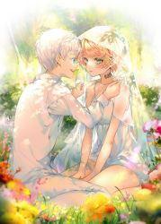 Rule 34 | 1boy, 1girl, :d, bare arms, bare shoulders, between legs, blonde hair, blue eyes, closed mouth, collarbone, commentary request, day, dress, emma (yakusoku no neverland), eye contact, flower, forest, green eyes, hand between legs, jacket, kinokohime, looking at another, nature, neck tattoo, norman (yakusoku no neverland), number tattoo, open mouth, outdoors, pants, pink flower, profile, red flower, see-through, short hair, silver hair, sitting, sleeveless, sleeveless dress, smile, sunlight, tattoo, tree, veil, wariza, white dress, white jacket, white pants, yakusoku no neverland, yellow flower