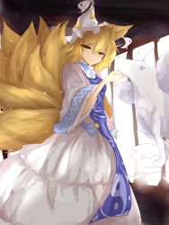 Rule 34 | 1girl, absurdres, animal ears, animal hat, blonde hair, dress, expressionless, fox, fox ears, fox tail, half-closed eyes, hat, hat with ears, highres, huang li ling, inari, indoors, light particles, long sleeves, looking at viewer, mob cap, multiple tails, mob cap, short hair, sketch, solo, tabard, tail, tassel, touhou, white dress, wide sleeves, yakumo ran, yellow eyes, yin yang