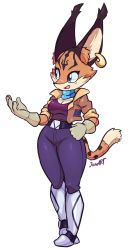 Rule 34 | 1girl, animal ears, artist name, belt, blue eyes, breasts, cat ears, cleavage, curvy, earrings, furry, furry female, gloves, hands up, highres, jacket, jamoart, jewelry, large breasts, miyu lynx, nintendo, scarf, sleeves rolled up, spotted fur, star fox, star fox 2, tail, thighs, wide hips