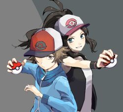 Rule 34 | 1boy, 1girl, antenna hair, baseball cap, blue eyes, blue jacket, brown eyes, brown hair, commentary request, creatures (company), game freak, hat, highres, hilbert (pokemon), hilda (pokemon), holding, holding poke ball, jacket, looking at viewer, nintendo, poke ball, poke ball (basic), pokemon, pokemon bw, satan3e28, smirk, two-tone background, upper body, wristband