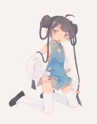 Rule 34 | 1girl, :o, ahoge, arm at side, beige background, black footwear, brown eyes, china dress, chinese clothes, daizu (melon-lemon), dress, female focus, flat chest, from side, full body, gradient eyes, hair ornament, highres, jitome, kneeling, long hair, looking at viewer, multicolored eyes, no nose, open mouth, original, panties, simple background, solo, thighhighs, underwear, white thighhighs