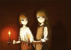 Rule 34 | 2girls, bad id, bad pixiv id, brick wall, brown dress, brown eyes, brown hair, candle, candlelight, dark, dot nose, dress, highres, holding, holding candle, long hair, looking at another, looking at viewer, multiple girls, original, shadow, short hair, upper body, wasabi60, white dress