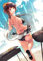 Rule 34 | 1girl, ahoge, arknights, ass, bare legs, beach, bikini, black bikini, blue sky, bow, breasts, brown hair, calamari, clam, cloud, commentary request, cooking, corn, croissant (arknights), day, dermar, fang, flower, food, from behind, gloves, grey eyes, grill, grilling, hair flower, hair ornament, halterneck, highres, horns, large breasts, light rays, looking back, medium breasts, miniskirt, ocean, open mouth, outdoors, penguin logistics (arknights), platform footwear, revision, sausage, sideboob, sidelocks, skirt, sky, smile, smoke, solo, sparkle, standing, standing on one leg, swimsuit, tongs, visor cap, water