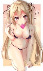 Rule 34 | 1girl, 2016, bare arms, bare legs, bare shoulders, bikini, bikini pull, black bikini, blonde hair, blush, breasts, cleavage, clothes pull, collarbone, commentary request, condom, condom in mouth, condom wrapper, covered erect nipples, dated, hair ribbon, heart, heart print, kantai collection, leaning forward, legs, light brown hair, long hair, looking at viewer, medium breasts, micro bikini, mokufuu, mouth hold, murasame (kancolle), navel, red eyes, ribbon, simple background, solo, swimsuit, thighs, twintails, twitter username, very long hair