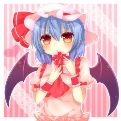 Rule 34 | 1girl, blue hair, blush, female focus, hat, highres, red eyes, remilia scarlet, solo, standing, touhou, upper body, wings, yuria (kittyluv)