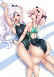 Rule 34 | + +, 10s, 2girls, ass, blue eyes, blush, bow, breasts, competition swimsuit, eyepatch, hair bow, hair ornament, hibari (senran kagura), highres, large breasts, long hair, looking at viewer, multiple girls, one-piece swimsuit, open mouth, pink hair, ponponmaru, red eyes, senran kagura, short hair, short twintails, smile, swimsuit, symbol-shaped pupils, twintails, white hair, yagyu (senran kagura)