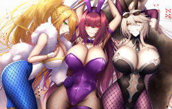 Rule 34 | 3girls, animal ears, arm strap, armpits, arms up, artoria pendragon (all), artoria pendragon (fate), artoria pendragon (lancer alter) (fate), artoria pendragon (swimsuit ruler) (fate), ass, black leotard, black neckwear, blonde hair, blue pantyhose, blush, bow, bowtie, braid, breasts, card, cleavage, clothing cutout, detached collar, elbow gloves, eyewear on head, fake animal ears, fate/grand order, fate (series), feather boa, fishnet legwear, fishnets, gloves, green eyes, hair between eyes, hairband, hand on own chest, highres, horns, huge breasts, leotard, long hair, looking at viewer, lying, multiple girls, navel, navel cutout, necktie, official alternate costume, on back, on side, pale skin, pantyhose, playboy bunny, playing card, ponytail, purple gloves, purple hairband, purple legwear, purple leotard, purple neckwear, rabbit ears, rabbit tail, scathach (fate), scathach (piercing bunny) (fate), shiroshisu, short necktie, sidelocks, smile, tail, thighs, tiara, traditional bowtie, white leotard, wrist cuffs, yellow eyes
