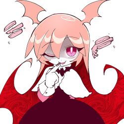 Rule 34 | 1girl, ;), arm behind back, bat wings, black dress, capelet, colored skin, dress, fang, finger to mouth, funamusea, funamusea (style), haiiro teien, hair between eyes, hair wings, highres, long hair, one eye closed, open mouth, parody, pink eyes, pink hair, rawberry preserves, shaded face, sidelocks, simple background, smile, smug, solo, style parody, white background, white capelet, white skin, wings, yumeijenny