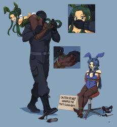 Rule 34 | 1boy, 2girls, absurdres, angry, animal ears, arms behind back, asakura ryouko, ass, bare shoulders, bdsm, blue bow, blue eyes, blue hair, blue leotard, blush, bondage, bound, bound arms, bow, bowtie, breasts, brown eyes, carrying, carrying over shoulder, chair, chloroform, cleavage, cleave gag, cloth gag, covering own mouth, crying, cuffs, detached collar, drugged, fake animal ears, gag, gagged, grabbing, grabbing from behind, green hair, green leotard, hand over another&#039;s mouth, high heels, highres, improvised gag, knife, leotard, long hair, lost one zero, multiple girls, one eye closed, pantyhose, playboy bunny, rabbit ears, rabbit tail, rope, shoes, sign, strapless, strapless leotard, surprised, suzumiya haruhi no yuuutsu, sweat, tape, tape gag, taped hands, tears, thighhighs, thighs, tickling, tied to chair, tsuruya, unworn shoes, wince