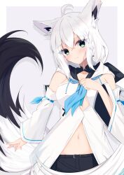 Rule 34 | 1girl, absurdres, ahoge, animal ear fluff, animal ears, black bow, black shorts, blue neckerchief, blush, border, bow, braid, commentary request, detached sleeves, earrings, fox ears, fox girl, fox tail, green eyes, grey background, hair between eyes, hair bow, highres, hololive, hood, hoodie, jewelry, long hair, looking at viewer, miaruri, midriff, navel, neckerchief, shirakami fubuki, shirakami fubuki (1st costume), short shorts, shorts, sidelocks, simple background, single braid, smile, solo, tail, virtual youtuber, white hair, white hoodie