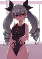 Rule 34 | 10s, 1girl, :&gt;, akitsuchi shien, anchovy (girls und panzer), backlighting, bad id, bad pixiv id, bare arms, bare shoulders, black ribbon, blue one-piece swimsuit, blush, breath, closed mouth, collarbone, competition swimsuit, cowboy shot, drill hair, eyebrows, girls und panzer, green hair, groin, hair between eyes, hair ribbon, hands on own hips, head tilt, highres, indoors, legs together, long hair, looking at viewer, one-piece swimsuit, open mouth, parted lips, red eyes, ribbon, skin tight, solo, standing, sweat, sweatdrop, swimsuit, tsurime, twin drills, twintails, very long hair, window