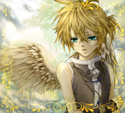 Rule 34 | 1boy, alternate costume, angel wings, aqua eyes, arm warmers, bare shoulders, blonde hair, cloud, collar, framed, jewelry, kagamine len, male focus, necklace, ponytail, popped collar, solo, vest, vocaloid, wings, yorozuyutaka (mayu2965)
