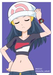 Rule 34 | 1girl, alternate costume, arm up, beanie, black hair, black shirt, bracelet, closed mouth, commentary request, creatures (company), dated, dawn (pokemon), closed eyes, frown, game freak, hainchu, hair ornament, hairclip, hand on own hip, hat, highres, jewelry, long hair, navel, nintendo, poke ball print, pokemon, pokemon (anime), pokemon dppt (anime), poketch, shirt, short sleeves, twitter username, watch, white headwear, wristwatch