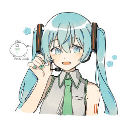 Rule 34 | 1girl, adjusting headset, aqua nails, artist logo, artist name, blue eyes, blue flower, blue hair, collared shirt, commentary, cropped torso, eighth note, flower, flower (symbol), green necktie, grey shirt, hair between eyes, hand up, hatsune miku, headset, highres, light blush, long hair, looking at viewer, musical note, nail polish, necktie, open mouth, shirt, simple background, sleeveless, sleeveless shirt, smile, solo, tattoo, twintails, upper body, vocaloid, wandu mook, white background