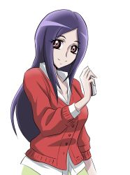 Rule 34 | 00s, 1girl, absurdres, alternate hairstyle, arudebido, cardigan, cellphone, collarbone, eyelashes, fresh precure!, higashi setsuna, highres, holding phone, long hair, official style, aged up, phone, popped collar, precure, purple eyes, purple hair, simple background, smile, solo, time paradox, white background