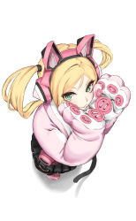Rule 34 | 1girl, absurdres, animal ear headphones, animal ears, animal hands, black thighhighs, blonde hair, cat ear headphones, fake animal ears, frilled skirt, frills, from above, gloves, green eyes, harebunny, headphones, highres, jacket, long hair, looking at viewer, lucky chloe, miniskirt, paw gloves, pink jacket, skirt, solo, standing, tail, tekken, thighhighs, twintails