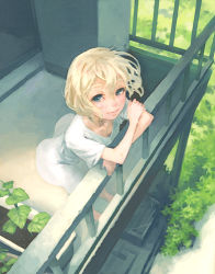 Rule 34 | 1girl, balcony, blonde hair, dress, foreshortening, grey eyes, leaning, looking at viewer, lowres, original, outdoors, plant, scenery, short hair, solo, standing, weno, weno&#039;s blonde original character