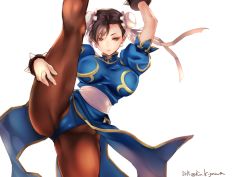 Rule 34 | 10s, 1girl, 2015, bracelet, breasts, brown hair, brown pantyhose, bun cover, cameltoe, capcom, china dress, chinese clothes, chun-li, covered erect nipples, double bun, dress, earrings, female focus, flexible, hair bun, jewelry, kicking, kigawa rin, large breasts, leg up, legs, pantyhose, pelvic curtain, puffy short sleeves, puffy sleeves, short hair, short sleeves, side slit, simple background, solo, spiked bracelet, spikes, street fighter, turtleneck, twitter username, white background