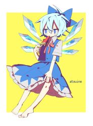 Rule 34 | 1girl, absurdres, barefoot, blue eyes, blue hair, blue ribbon, blue skirt, blue vest, bow, bowtie, cirno, collared shirt, food, frilled skirt, frills, fruit, full body, hair between eyes, hair ribbon, highres, holding, holding food, ice, ice wings, long skirt, popsicle, red bow, ribbon, shirt, short hair, short sleeves, simple background, skirt, so happy 64, solo, sweat, sweatdrop, toes, touhou, two-tone background, vest, watermelon, watermelon bar, white background, white shirt, wings, yellow background