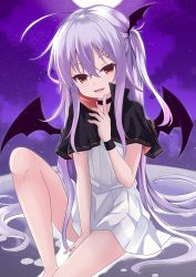 Rule 34 | 1girl, :d, arm support, bat wings, between legs, black capelet, black choker, black wings, capelet, choker, commentary request, dress, fang, feet out of frame, full moon, halloween, hand between legs, hand up, knee up, long hair, looking at viewer, moon, one side up, open mouth, original, silver hair, siroyuki, sitting, smile, solo, very long hair, white dress, wings