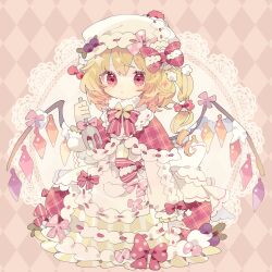 Rule 34 | 1girl, :t, alternate costume, blonde hair, bow, capelet, closed mouth, commentary request, crystal, dress, dress bow, drill hair, flandre scarlet, fork, full body, hair bow, hand up, hat, hat bow, highres, holding, holding fork, long hair, long sleeves, looking at viewer, mob cap, nikorashi-ka, pink bow, pink capelet, pink ribbon, plaid, plaid capelet, plaid skirt, red eyes, ribbon, side drill, side ponytail, skirt, solo, too many bows, touhou, white dress, white hat, wings, yellow skirt