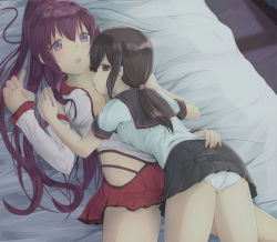 Rule 34 | 2girls, ass, bare legs, bed, bed sheet, black hair, black sailor collar, black skirt, blush, breasts, breasts out, brown eyes, collarbone, commentary, detached sleeves, english commentary, female focus, from above, fubuki (kancolle), girl on top, hair between eyes, hand on another&#039;s hip, hand up, highres, hikari niji, hip vent, hug, indoors, kantai collection, large breasts, legs, licking, long hair, looking at viewer, looking back, low ponytail, lying, medium breasts, moaning, multiple girls, on back, on bed, open clothes, open mouth, panties, pantyshot, pleated skirt, ponytail, purple eyes, purple hair, red skirt, remodel (kantai collection), sailor collar, school uniform, serafuku, short sleeves, sidelocks, skirt, thighs, tongue, tongue out, underwear, white panties, yamato (kancolle), yuri