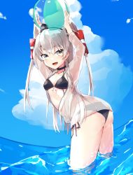 Rule 34 | 10s, 1girl, :d, amatsukaze (kancolle), ball, beachball, bikini, black bikini, brown eyes, fang, hair tubes, holding, holding ball, kantai collection, long hair, long sleeves, open mouth, partially submerged, side-tie bikini bottom, silver hair, smile, solo, stardust-kun, swimsuit, two side up, wading, water