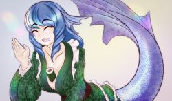 Rule 34 | 1girl, between breasts, blue hair, breasts, cafeier, closed eyes, collarbone, drill hair, fins, food, frills, head fins, highres, japanese clothes, kimono, long hair, makizushi, medium breasts, mermaid, monster girl, simple background, smile, solo, sushi, tail, tail raised, teeth, touhou, upper teeth only, wakasagihime, waving, wide sleeves