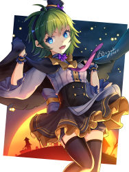 Rule 34 | 1girl, :d, absurdres, alternate costume, artist name, black cape, black hairband, black headwear, black thighhighs, blue eyes, bow, cape, cowboy shot, fire emblem, fire emblem: the blazing blade, glowing, glowing eyes, green hair, hairband, halloween, halloween costume, hat, highres, long sleeves, mini hat, nino (fire emblem), nintendo, open mouth, purple bow, ryo-suzuki, short hair, signature, smile, solo, thighhighs, torn cape, torn clothes, witch, wrist cuffs