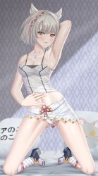 Rule 34 | 1girl, animal ears, arms up, bed, blush, breasts, cat ears, cleavage, groin, highres, kneeling, mio (xenoblade), navel, panties, pillow, solo, suzhi2333, underwear, white hair, xenoblade chronicles (series), xenoblade chronicles 3
