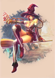 Rule 34 | 1girl, bare shoulders, breasts, broom, cleavage, detached sleeves, hat, highres, jewelry, legs, crossed legs, long hair, long legs, miraki1016, necklace, original, pink eyes, red hair, sitting, solo, thighhighs, thighs, very long hair, witch, witch hat