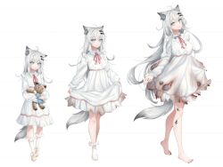 Rule 34 | 1girl, :o, absurdres, age progression, ahoge, animal ear fluff, animal ears, arknights, barefoot, black nails, breasts, brown footwear, closed mouth, commentary, dress, english commentary, grey eyes, grey hair, hair between eyes, hair ornament, hairclip, highres, hugging object, lappland (arknights), long hair, long sleeves, material growth, medium breasts, nail polish, nanaya journey, no shoes, oripathy lesion (arknights), parted lips, puffy long sleeves, puffy sleeves, shoes, skirt hold, sleeves past wrists, smile, socks, stuffed animal, stuffed toy, tail, teddy bear, toenail polish, toenails, torn clothes, torn dress, very long hair, white background, white dress, white socks