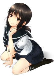 Rule 34 | 1girl, anchor symbol, between legs, blue skirt, brown eyes, brown hair, clenched hand, commentary request, fubuki (kancolle), hand between legs, hand up, kantai collection, kneeling, kouji (campus life), long hair, looking at viewer, low ponytail, pleated skirt, ribbon, school uniform, serafuku, shirt, short sleeves, sidelocks, skirt, smile, socks, solo, white background, white shirt