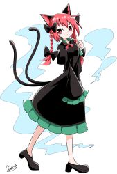 Rule 34 | 1girl, :/, animal ear fluff, animal ears, black bow, black dress, black footwear, blush, bow, braid, breasts, cat ears, cat tail, closed mouth, collarbone, dress, expressionless, from side, full body, generalcanon, hair bow, hair ribbon, hand up, high heels, highres, hitodama, juliet sleeves, kaenbyou rin, long hair, long sleeves, looking at another, multiple tails, neck ribbon, nekomata, petticoat, puffy sleeves, red eyes, red hair, red ribbon, ribbon, signature, simple background, sleeves past fingers, sleeves past wrists, small breasts, solo, tail, touhou, tress ribbon, twin braids, twintails, two tails, walking, white background