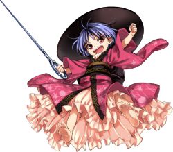 Rule 34 | 1girl, :d, barefoot, feet, female focus, frills, full body, harukawa moe, hat, holding, japanese clothes, kimono, long sleeves, needle, obi, official art, open mouth, purple hair, red eyes, sash, short hair, smile, soles, solo, sukuna shinmyoumaru, touhou, transparent background, urban legend in limbo, wide sleeves