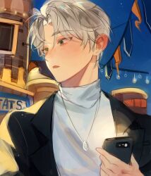 Rule 34 | 1boy, black jacket, cellphone, character request, commentary, copyright request, green eyes, grey hair, highres, holding, holding phone, jacket, jewelry, male focus, necklace, night, open mouth, outdoors, pennant, phone, seodae 7810, shirt, short hair, solo, string of flags, turtleneck, upper body, white shirt